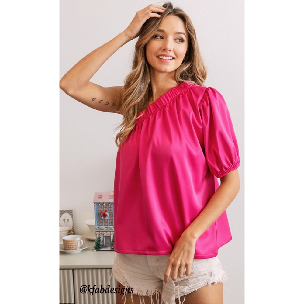 NEW! Fuchsia Soft Stretch Satin One Shoulder Top! - Picture 5 of 15
